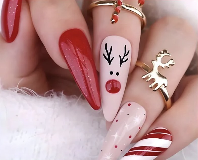 Christmas Theme - Red with Reindeers & Red & White Swirls - Almond Press on Nails.