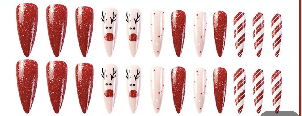 Christmas Theme - Red with Reindeers & Red & White Swirls - Almond Press on Nails.