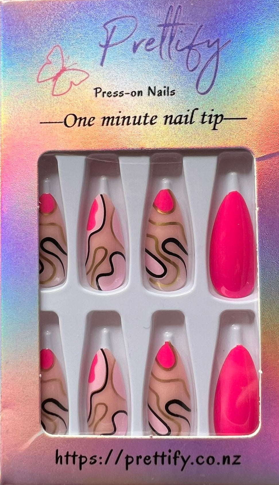 Almond Press on Nails Bright Pink & Patterned Bright & Pale Pink with Black & Gold Outlines. Durable Acrylic Press on Nails. Easy and quick to apply. Great for those special occasions, parties or add an edge to any outfit. Gorgeous, flattering and you can re-use them again and again.