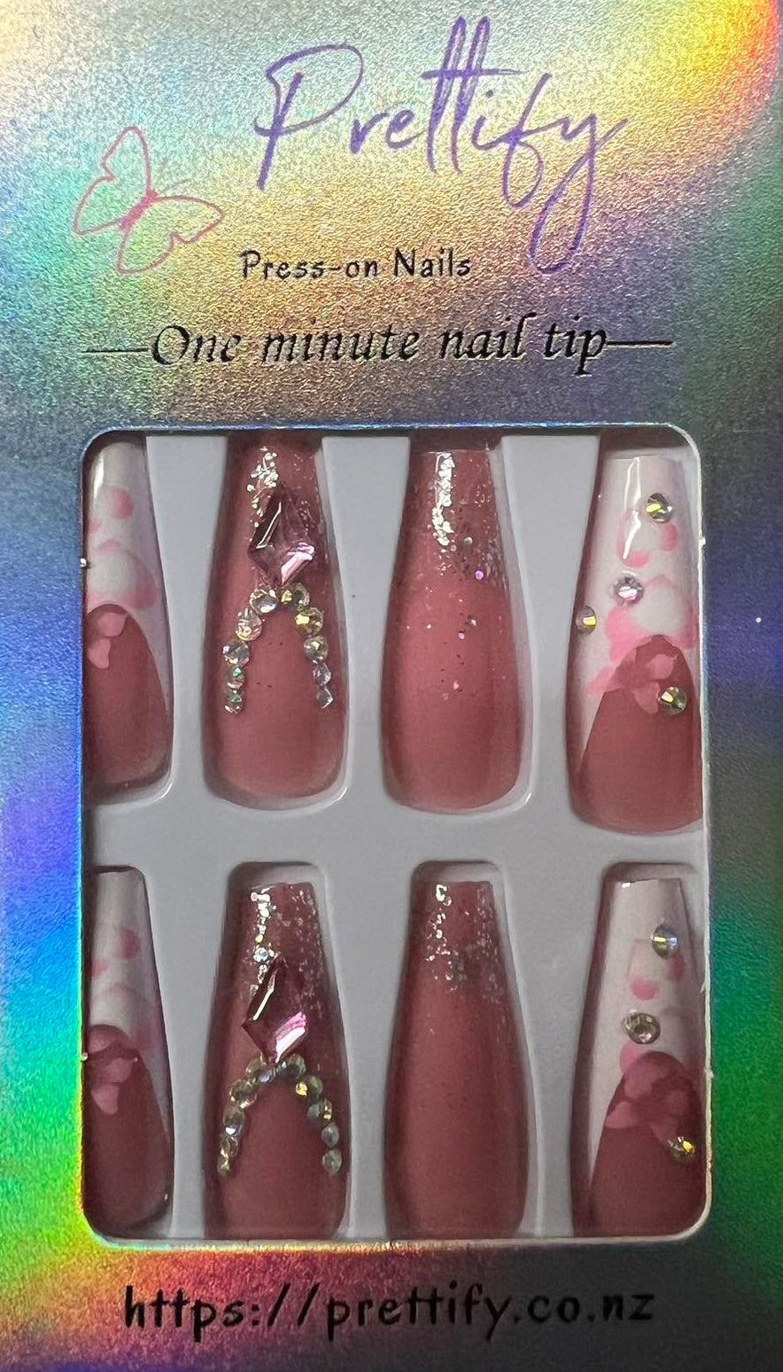 White Tips with Pink Hearts & Butterflies - Coffin Press on Nails #Z499
