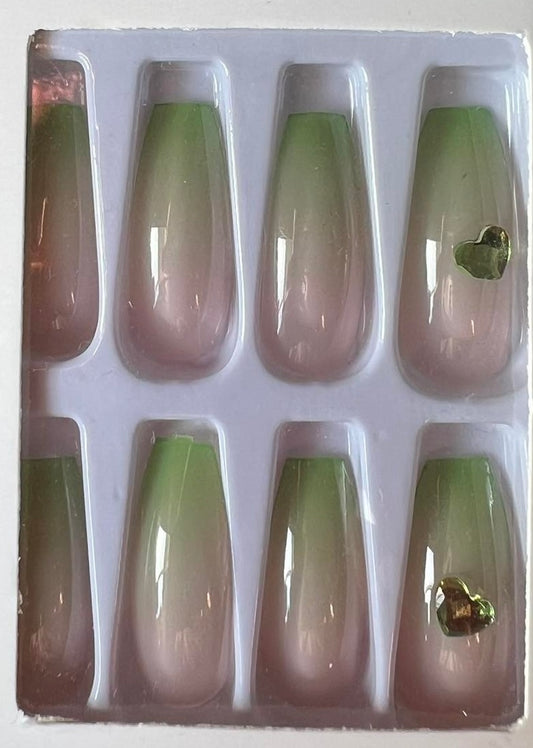 Green Ombre with Heart & Jewels - Coffin Press-on Nails #5555