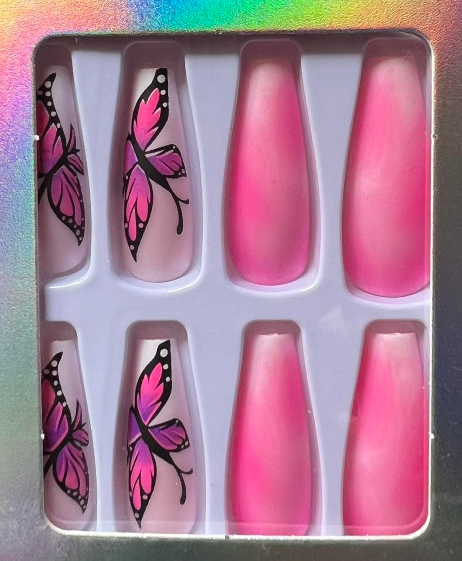 Pale & Dark Pink with Butterflies - Coffin Press on Nails #201