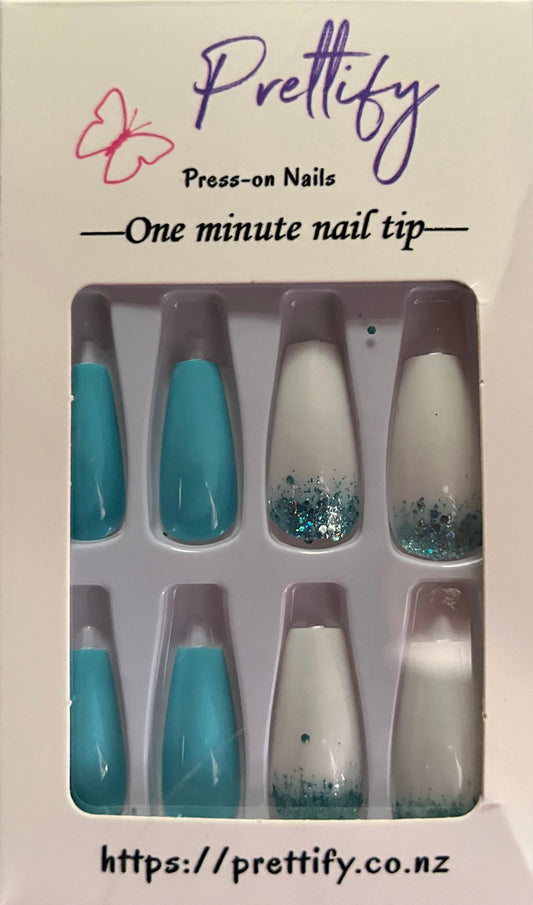 Turquoise & White with Glitter - Coffin Press on Nails #W169