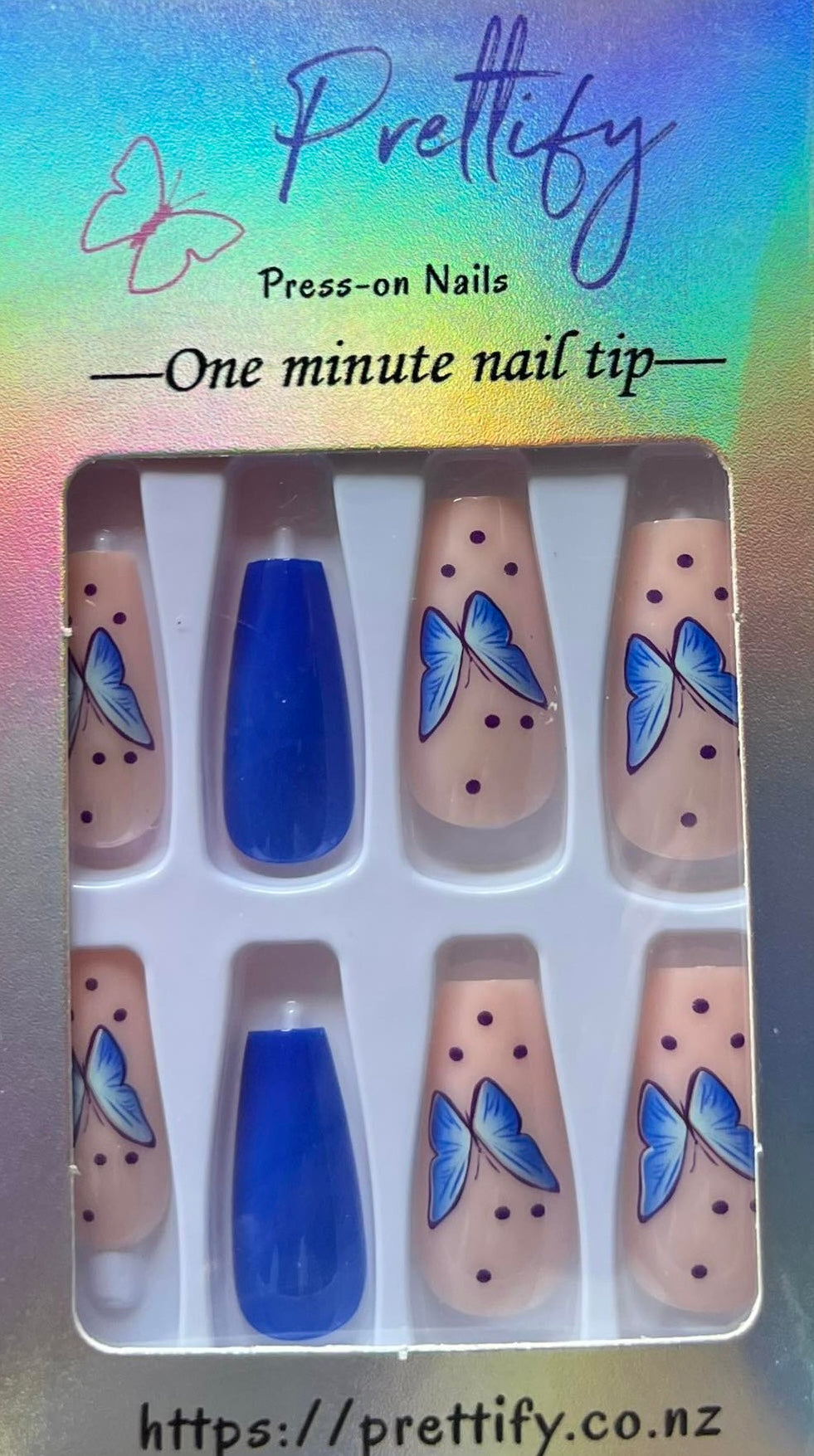 Ultra Blue with Butterflies - Coffin Press on Nails #W511