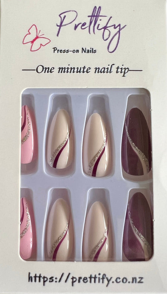 Pale Pink, Cream & Aubergine with Silver Glitter & Swirls - Almond Press on Nails #W271