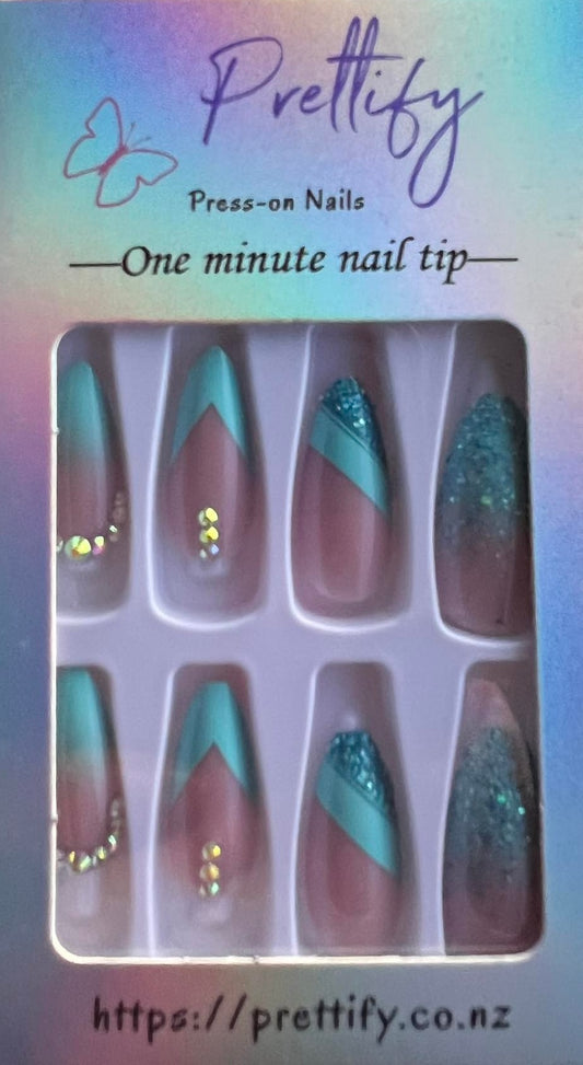 Turquoise Tips with Turquoise Glitter & Jewels - Almond Press on Nails #Z670