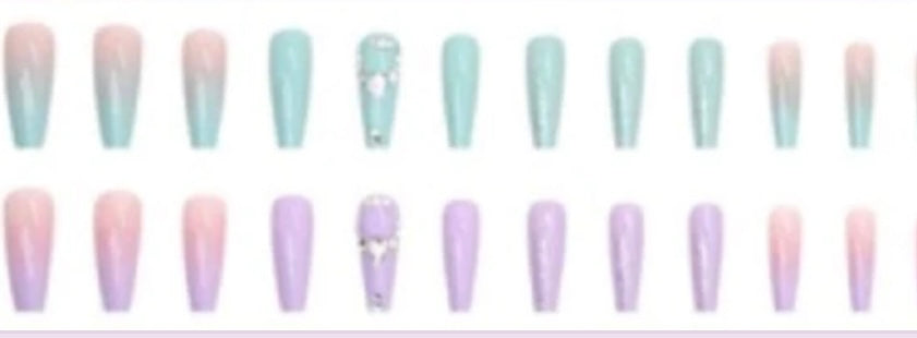 Lilac & Aqua with Jewels - Coffin Press on Nails #386