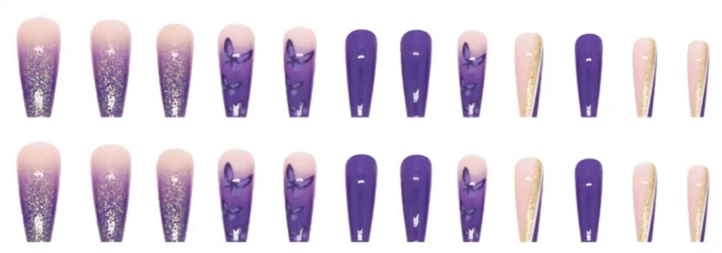 Purple with Butterflies & Glitter - Coffin Press on Nails #483