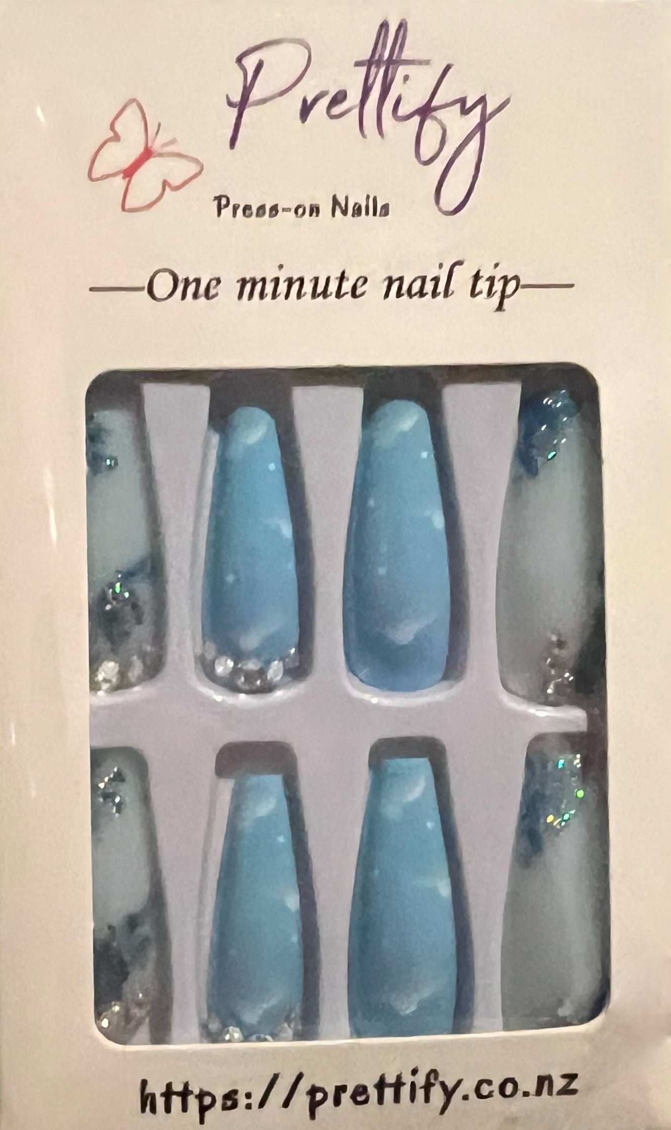 Blue with Clouds, Butterflies & Jewels - Coffin Press on Nails #222