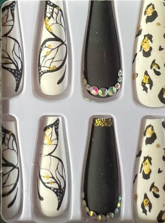 White, Black & Gold with Butterflies - Coffin Press on Nails #048