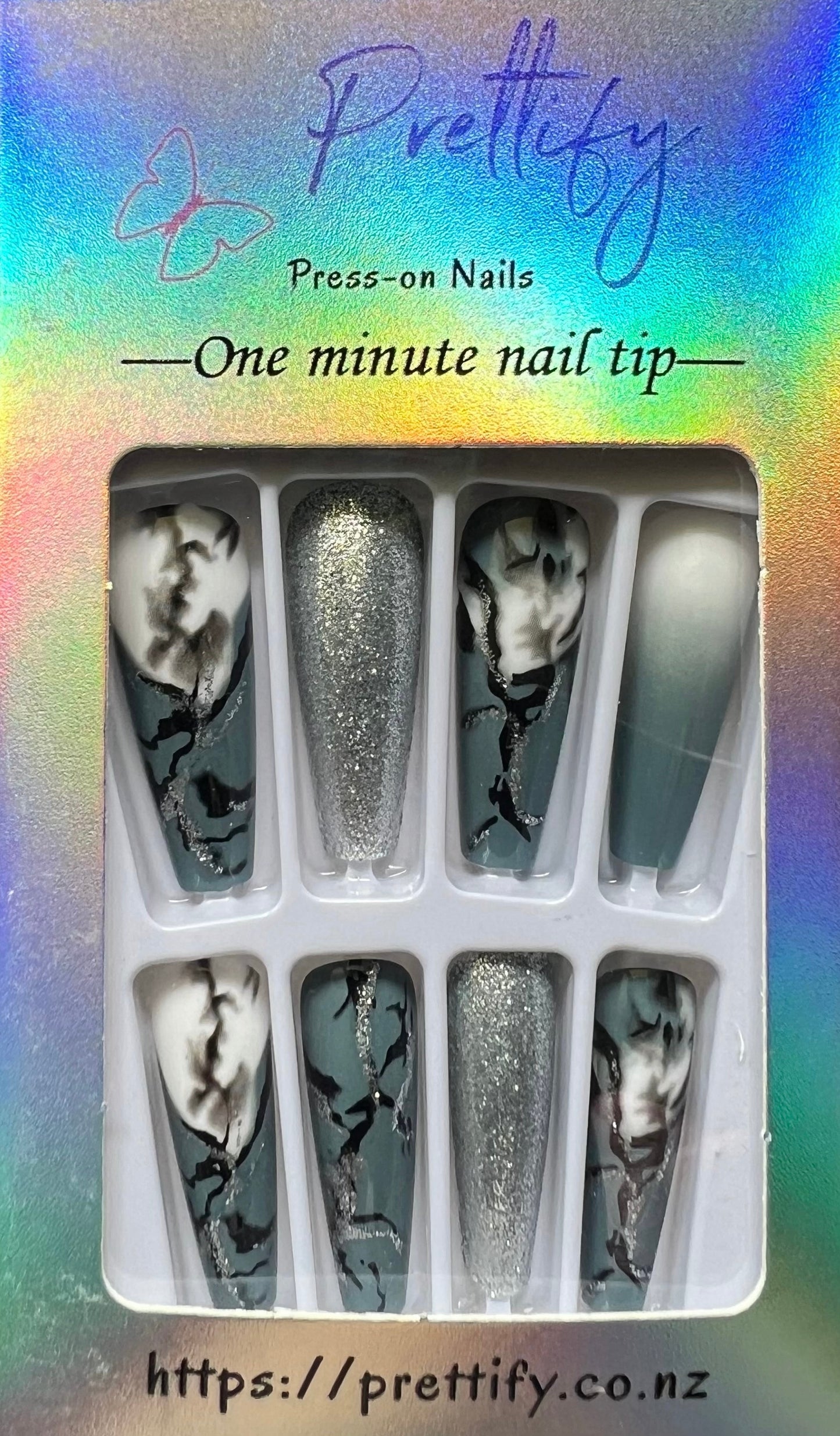 Grey, Black & White Marble & Silver Glitter - Coffin Press on Nails #LF343