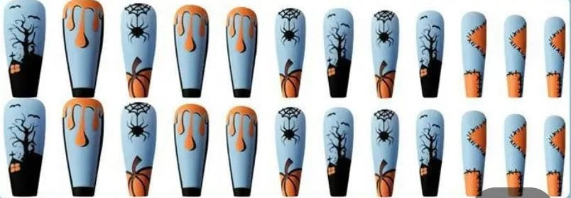 Halloween - Orange & Blue with Spiders. Press on Nails - Long Coffin Style.