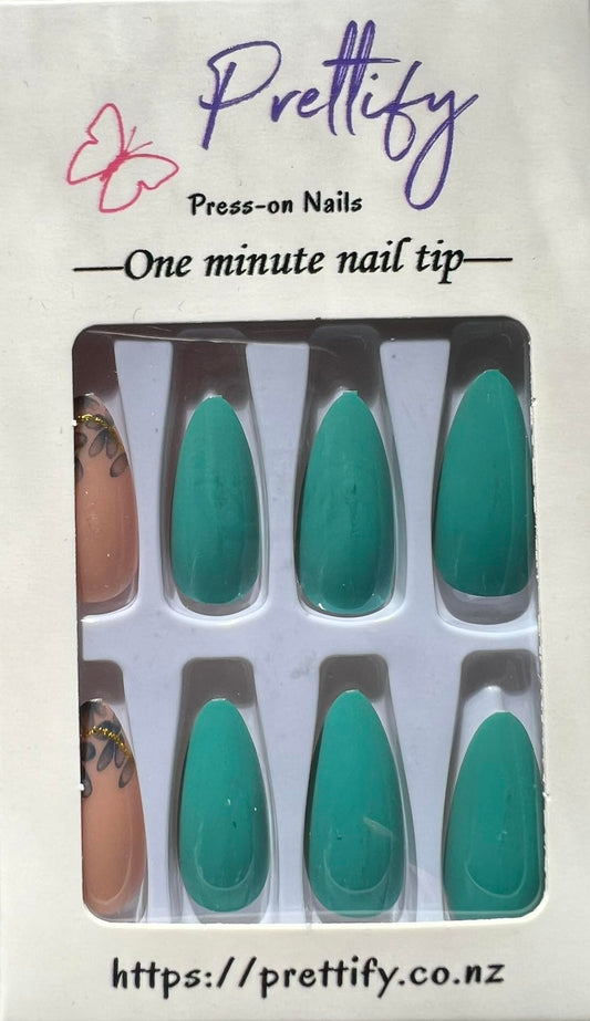 Almond Press on Nails. Cool Teal & Pale Pink with Blue Flowers. Durable Acrylic Press on Nails. Easy and quick to apply. Great for those special occasions, parties or add an edge to any outfit. Gorgeous, flattering and you can re-use them again and again.