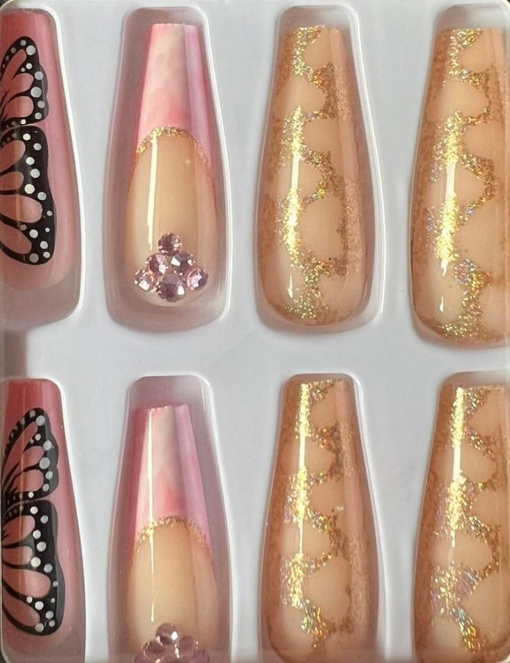 Pink & Gold Butterflies - Coffin Press-on Nails #050