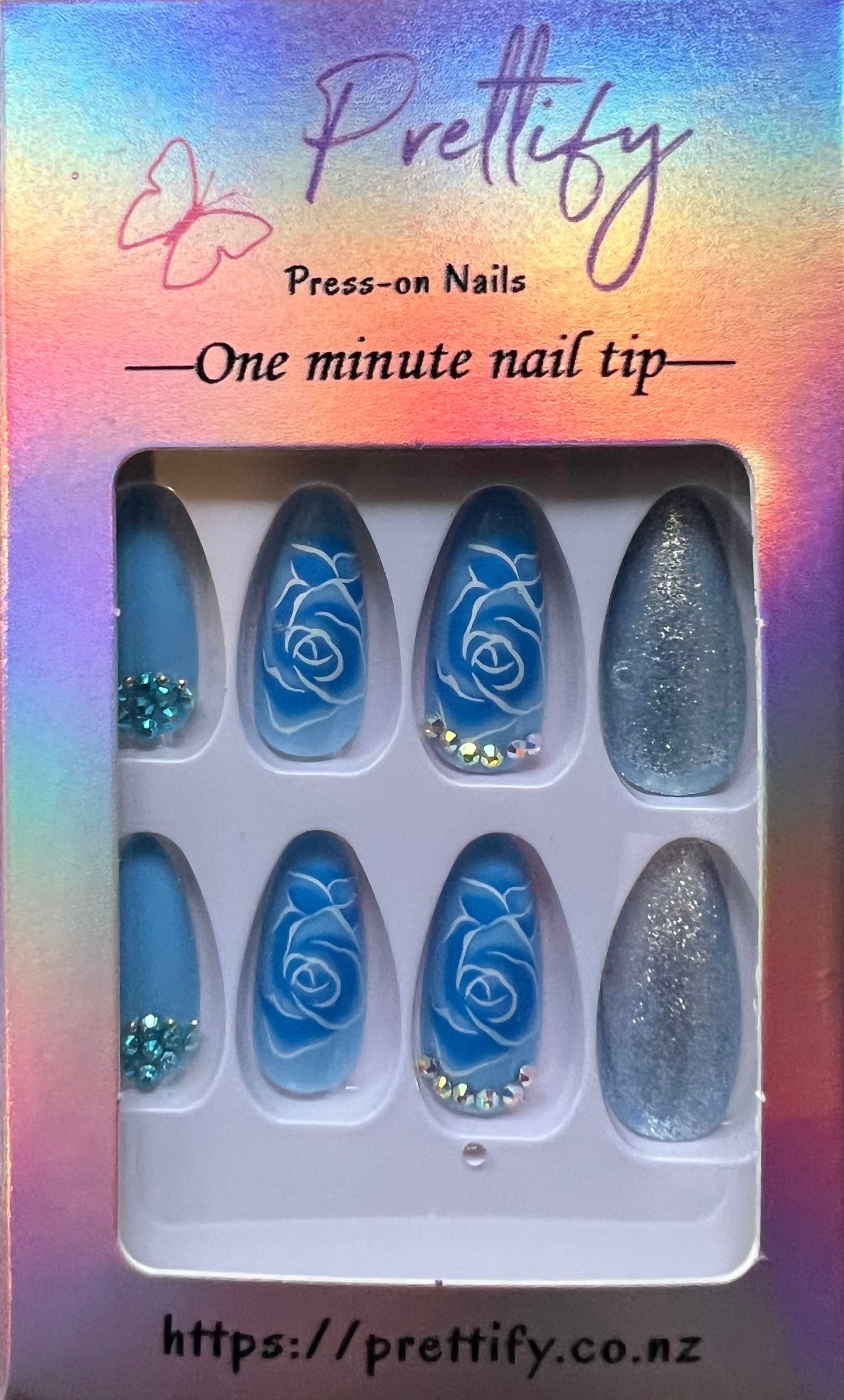 Pale Blue with Rose & Jewels - Almond Press on Nails #CC49