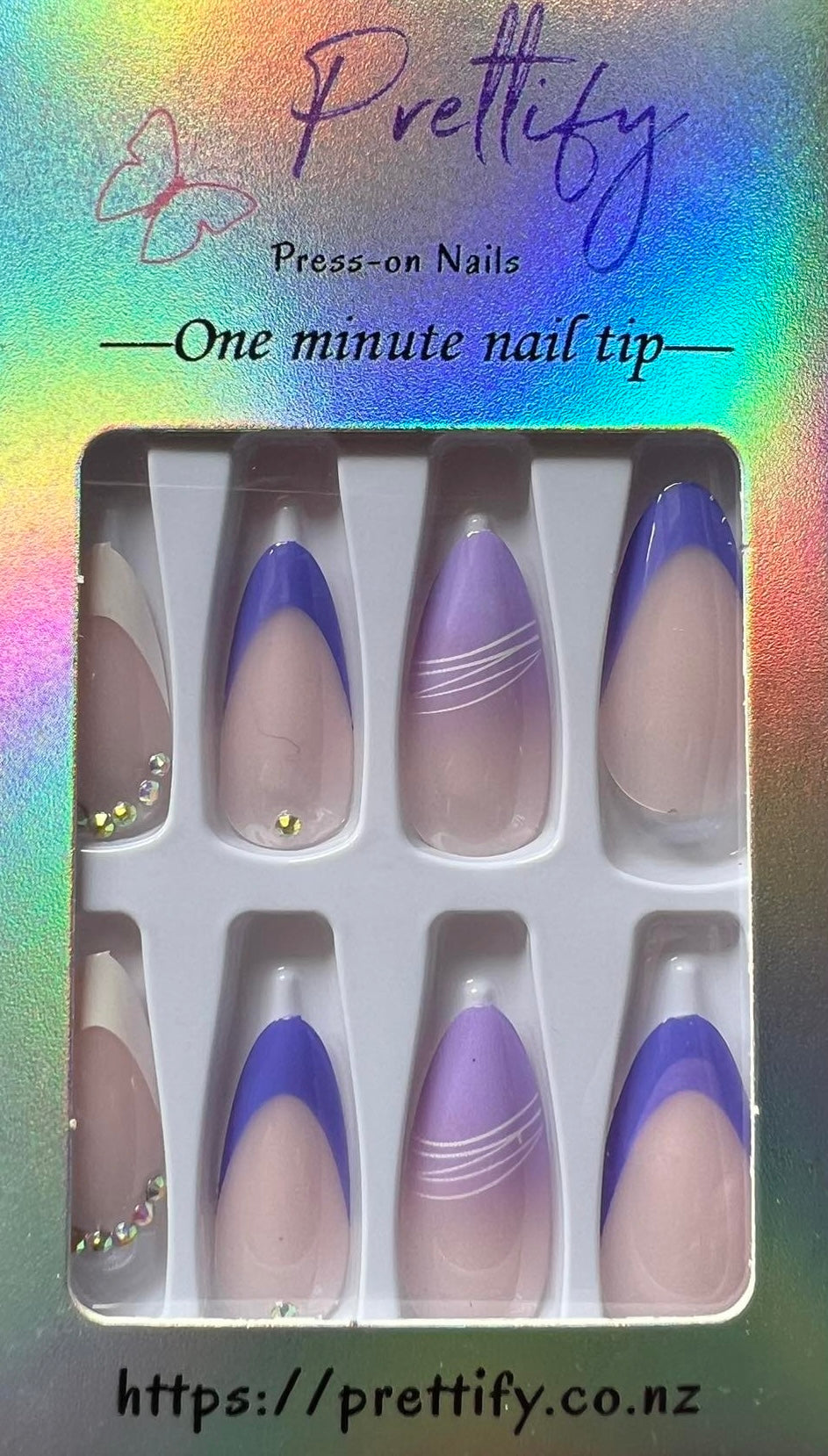 Purple, Lilac & White Tips & Jewels - Almond Press on Nails #Z673