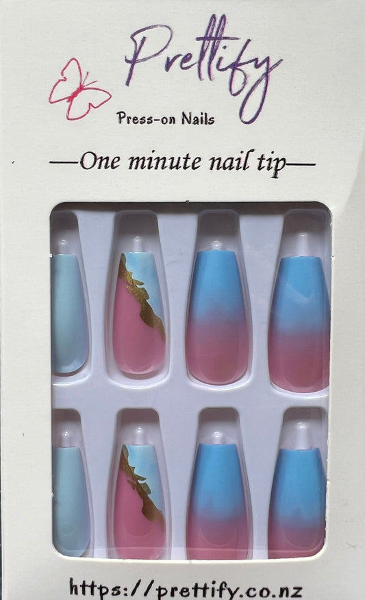 Long Coffin Press on Nails. Pink, Blue & Gold. Easy and quick to apply. Great for those special occasions, parties or add an edge to any outfit. Gorgeous, flattering and you can re-use them again and again.