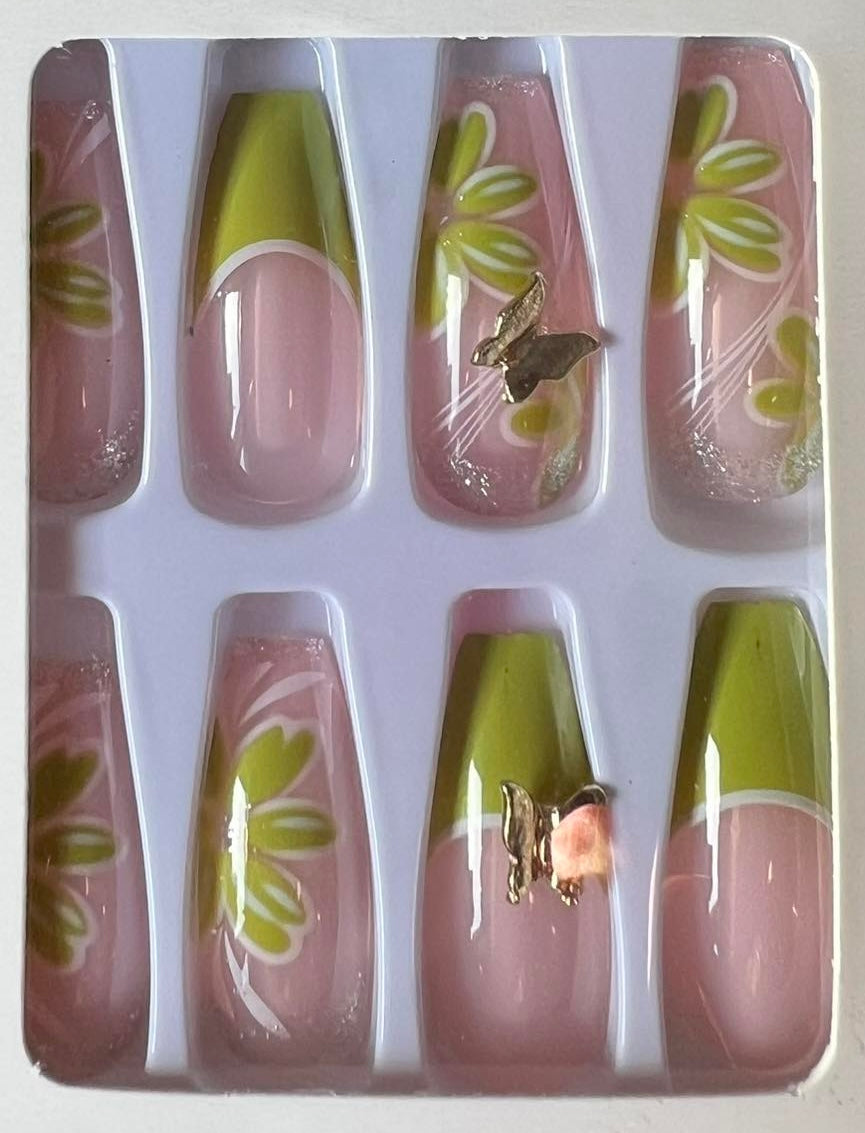 Green with Flowers & Butterflies - Coffin Press on Nails #401