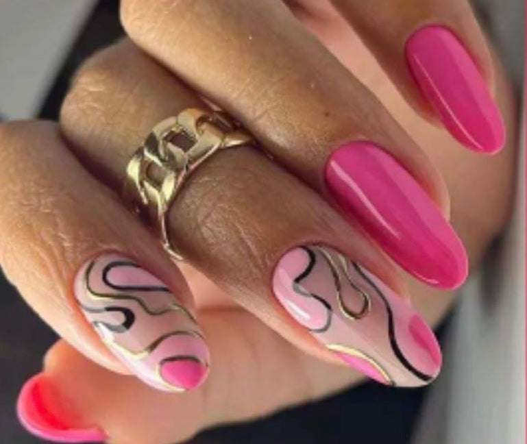 Bright Pink & Pale Pink with Black & Gold Outlines - Almond Press on Nails #W855