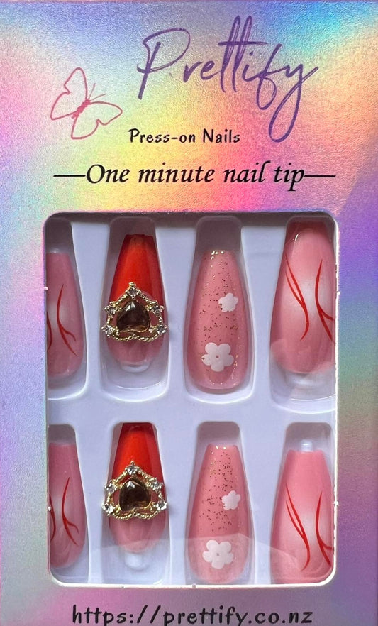Orange, Clear & Frosted with Glitter, Jewels, Hearts & Flowers - Coffin Press on Nails #Z509