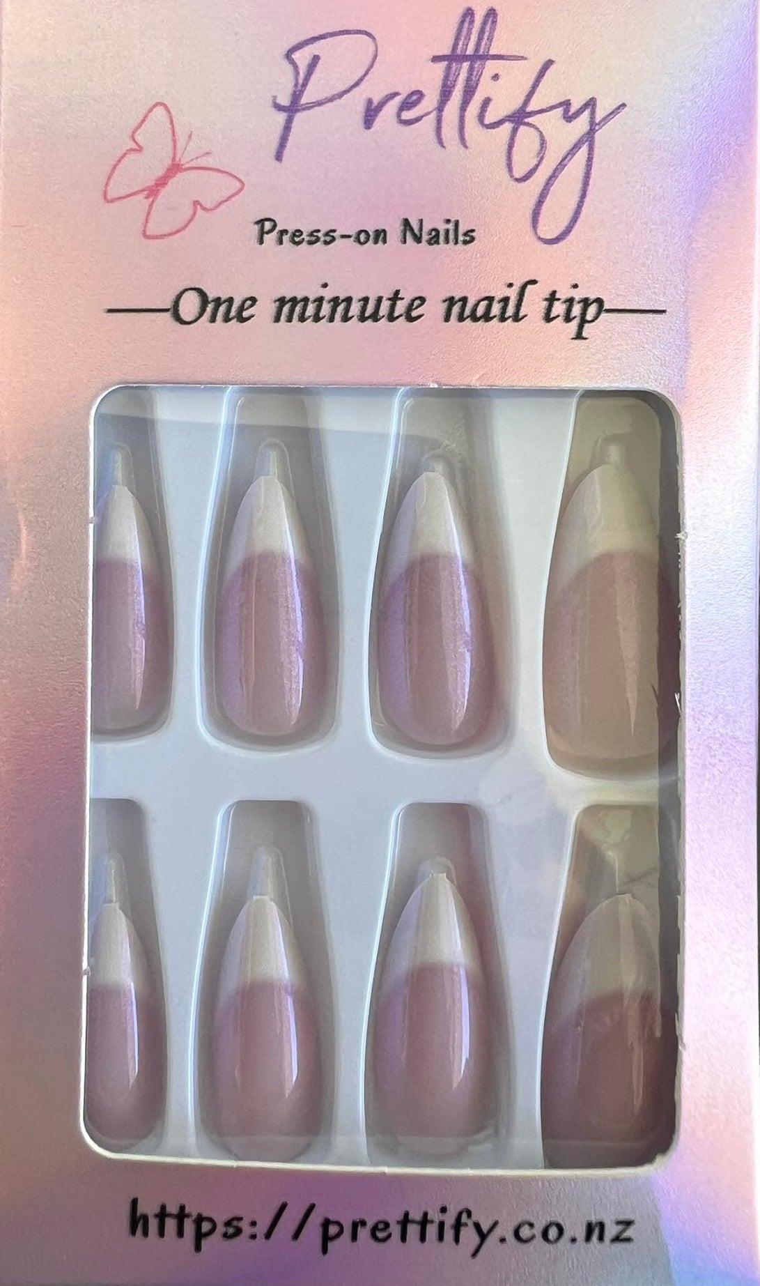 White Tips & Pink Shiny Pearl - Almond Press on Nails #W734