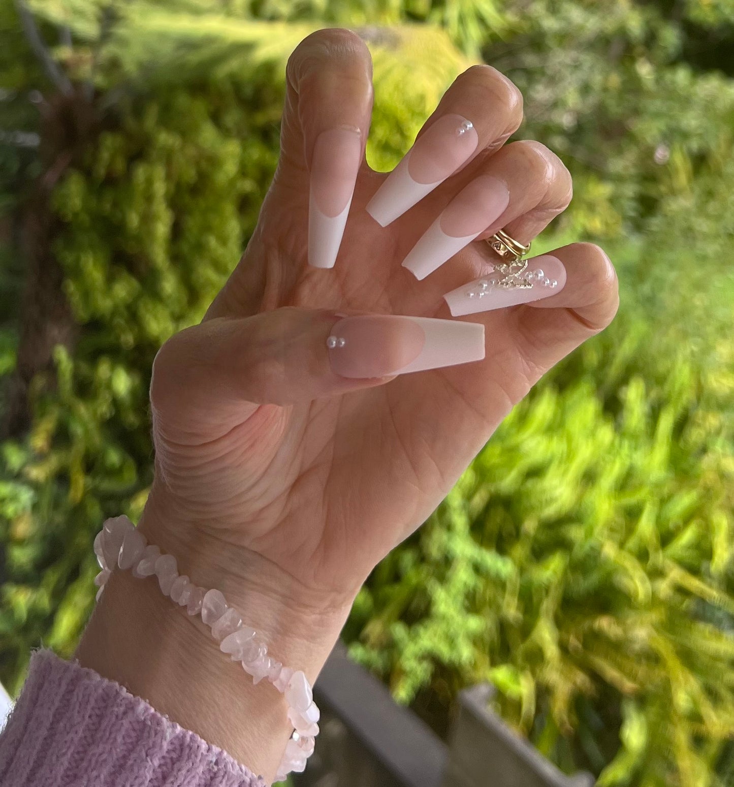 White Tips & White with Pearls & Silver Butterflies - Coffin #Z543
