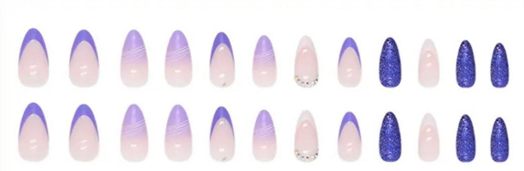 Almond Press on Nails. Purple, Lilac & White Tips & Jewels. Durable Acrylic Press on Nails. Easy and quick to apply. Great for those special occasions, parties or add an edge to any outfit. Gorgeous, flattering and you can re-use them again and again.