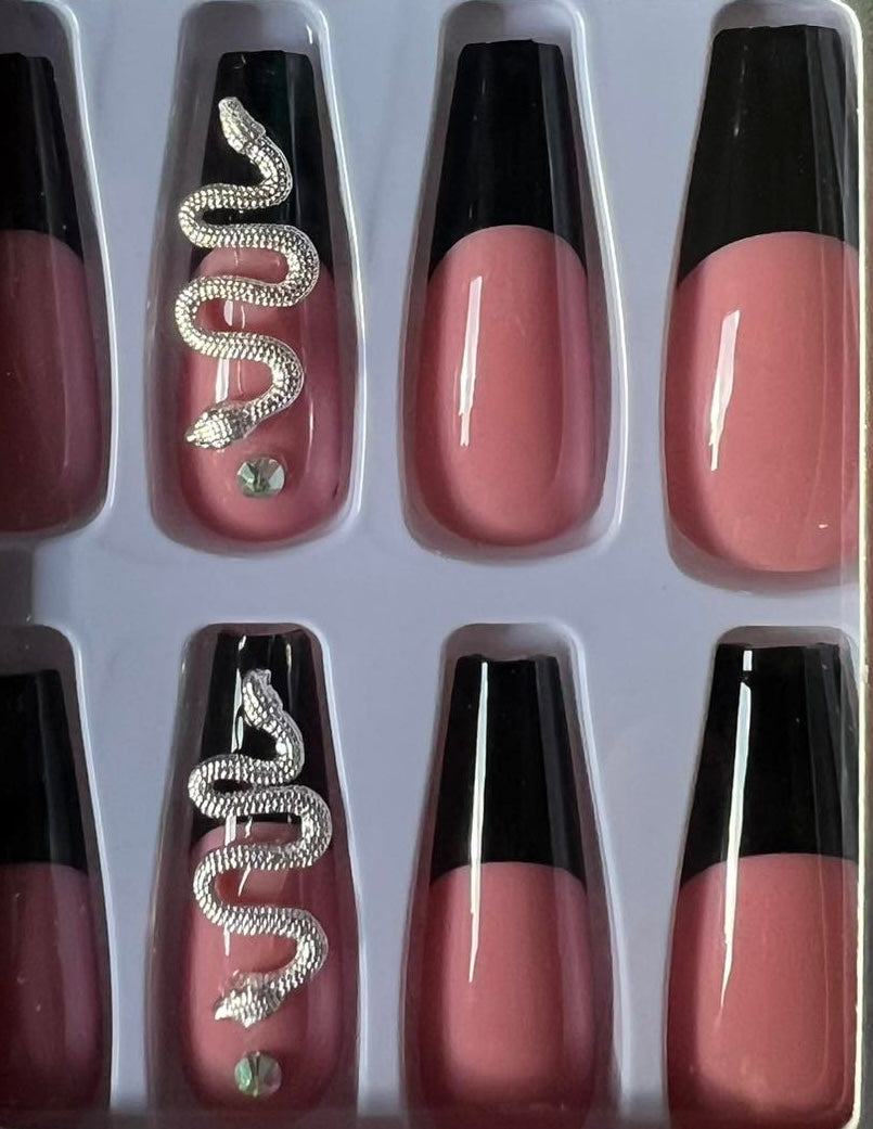 Long Coffin Press on Nails. Pink with Black Tips with Jewels & Jewelled Snake. Easy and quick to apply. Great for those special occasions, parties or add an edge to any outfit. Gorgeous, flattering and you can re-use them again and again.