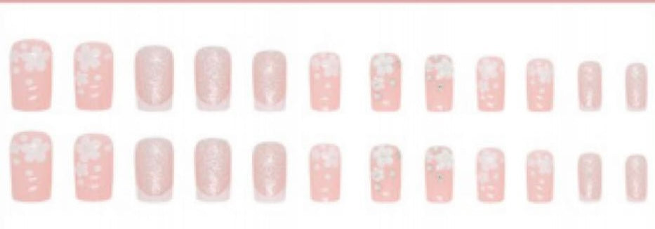 White Tips with White Flowers - Square Press on Nails #Z753