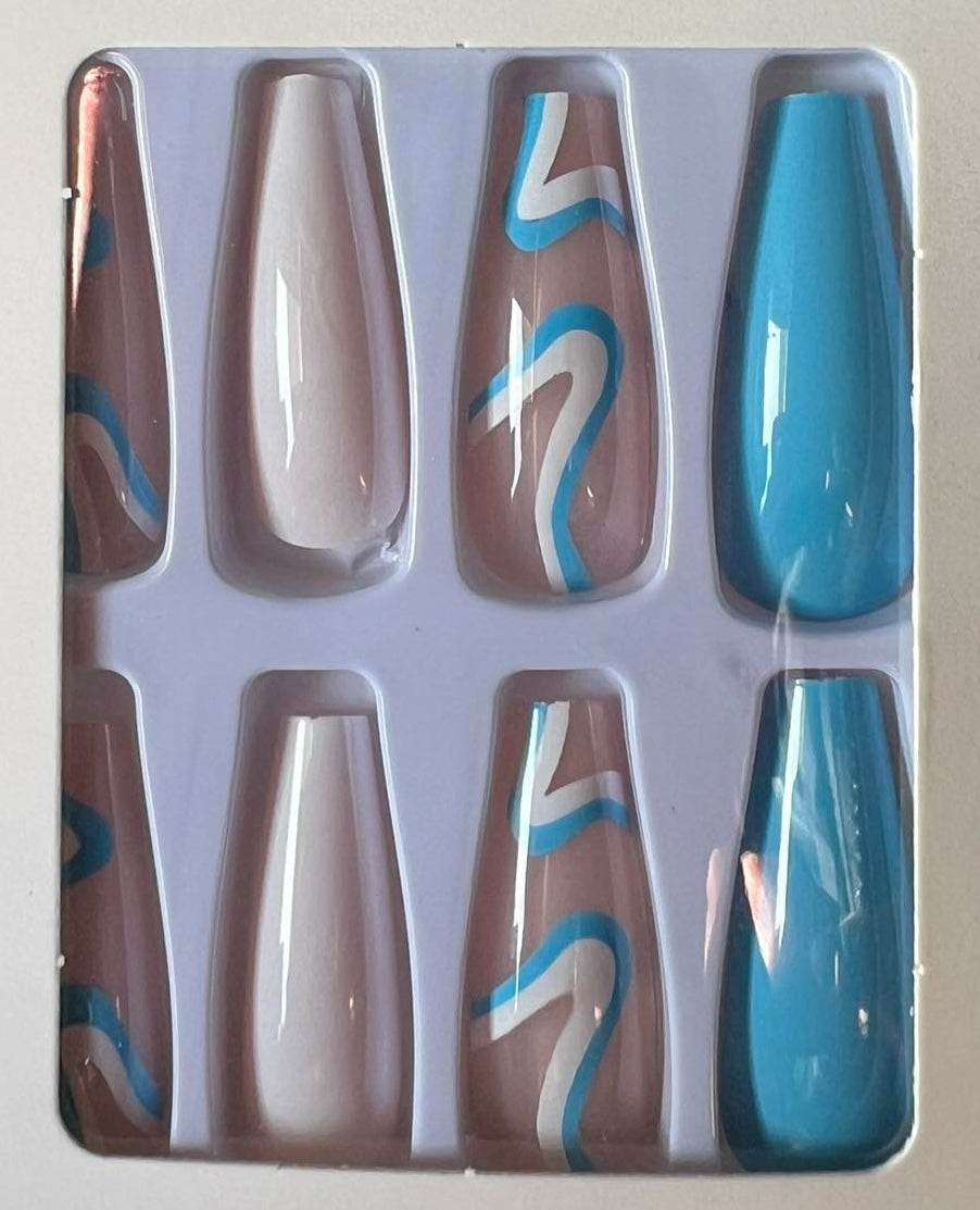 Blue & White with Swirls - Coffin Press on Nails #199