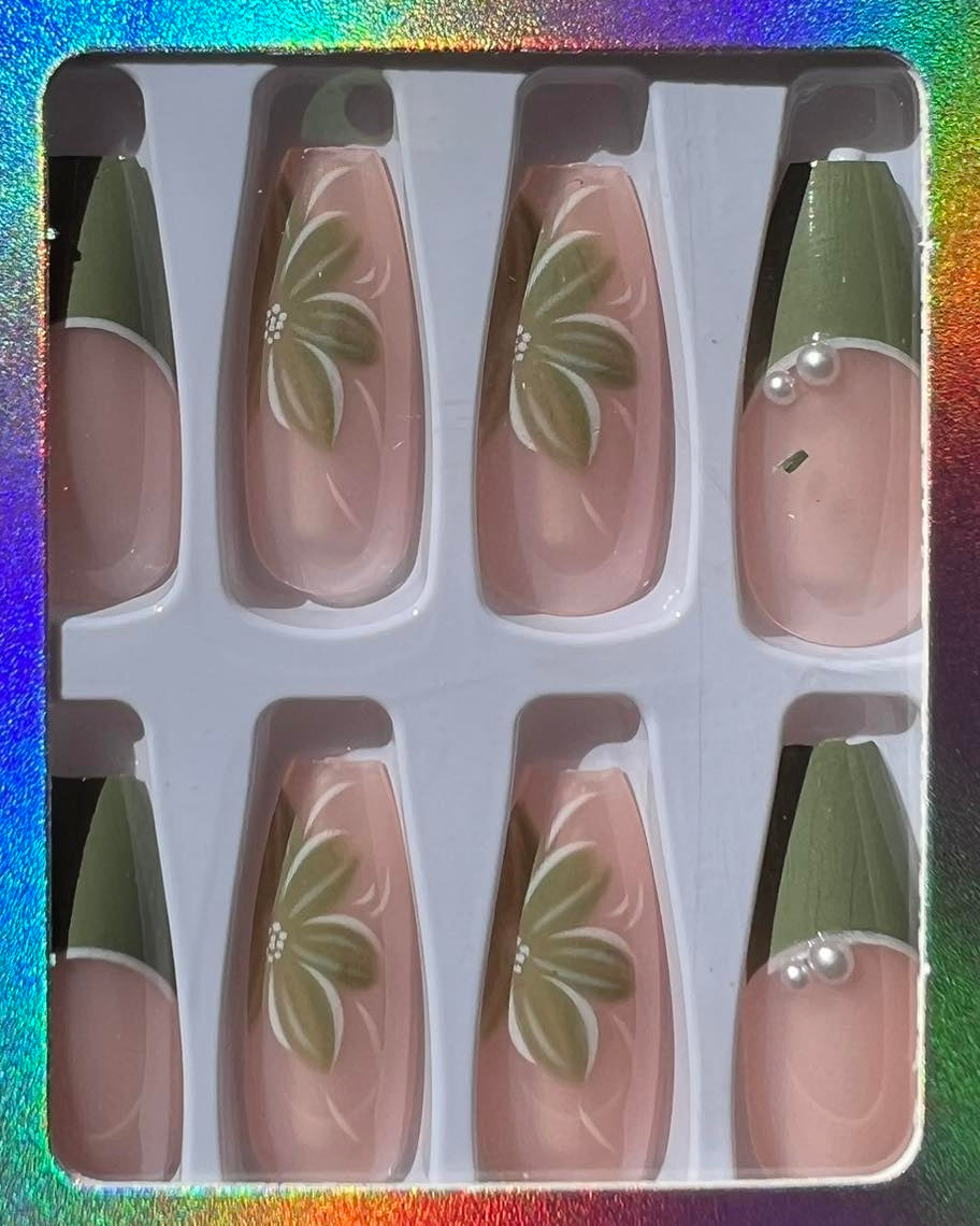 Long Coffin Press on Nails. Pink with Green Tips & Flowers. Easy and quick to apply. Great for those special occasions, parties or add an edge to any outfit. Gorgeous, flattering and you can re-use them again and again.
