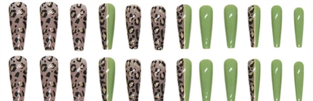 Green & Black & White Leopard Print - Coffin Press on Nails #W995