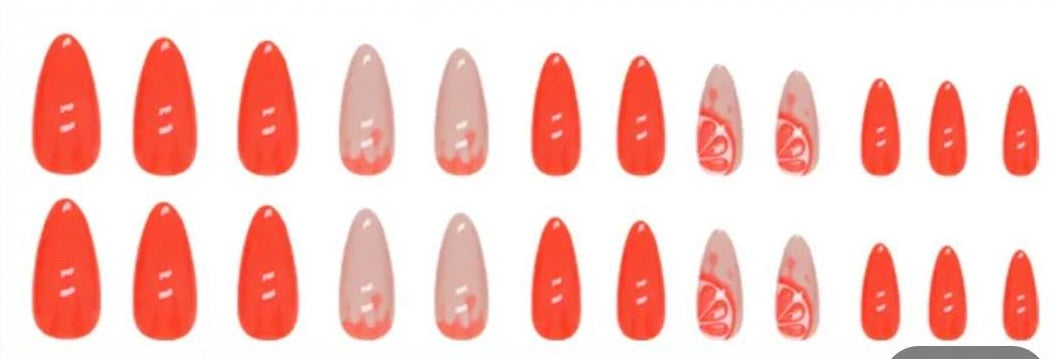 Bright Orange & Pale Pink with Orange Segments - Almond Press on Nails #W1005