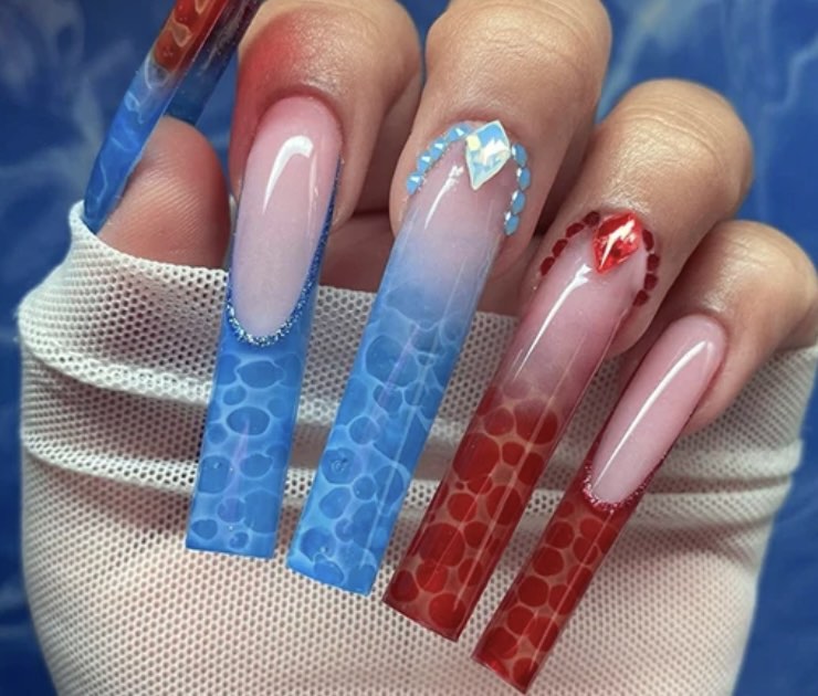 Harley Quinn Theme - Blue & Red TIps - Long Square Nails