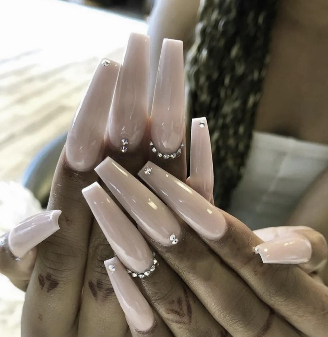 Pale Pink with Jewels - Coffin Nails.