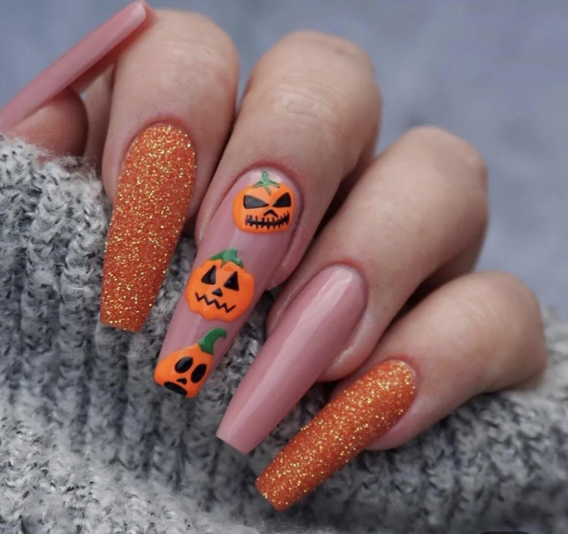 Halloween - Orange with Glitter & Peach with Pumpkins. Press on Nails. Long Coffin Style.