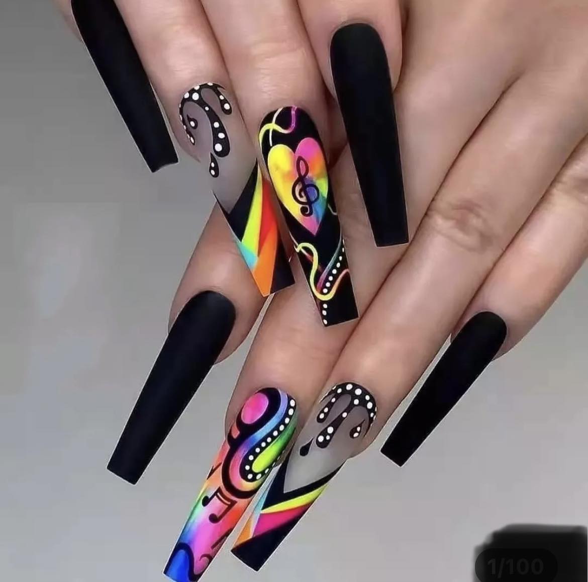 Black & Multi Coloured with Musical Notes. Press on Nails - Long Coffin Style. 24pcs.