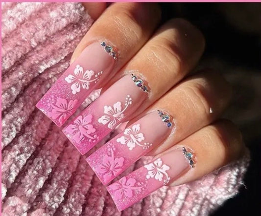 Pink & White Flowers & Jewels - Square Press on Nails.