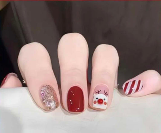 Christmas Theme - Dark Red, Silver Glitter, White Stripes & Reindeers - Square #R618