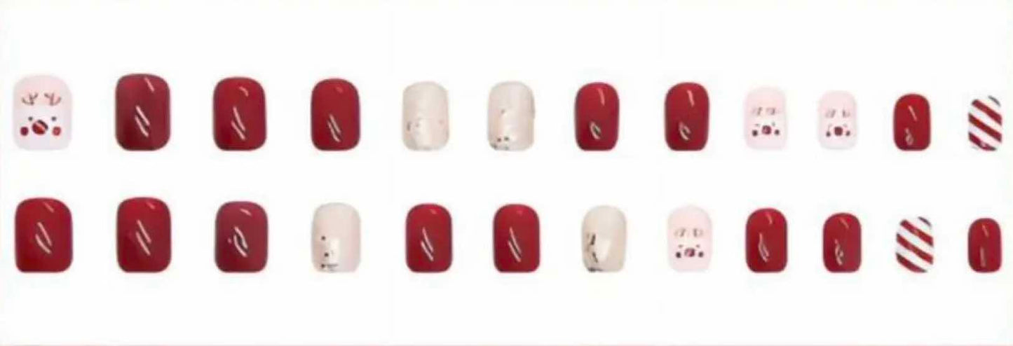 Christmas Theme - Dark Red, Silver Glitter, White Stripes & Reindeers - Square #R618