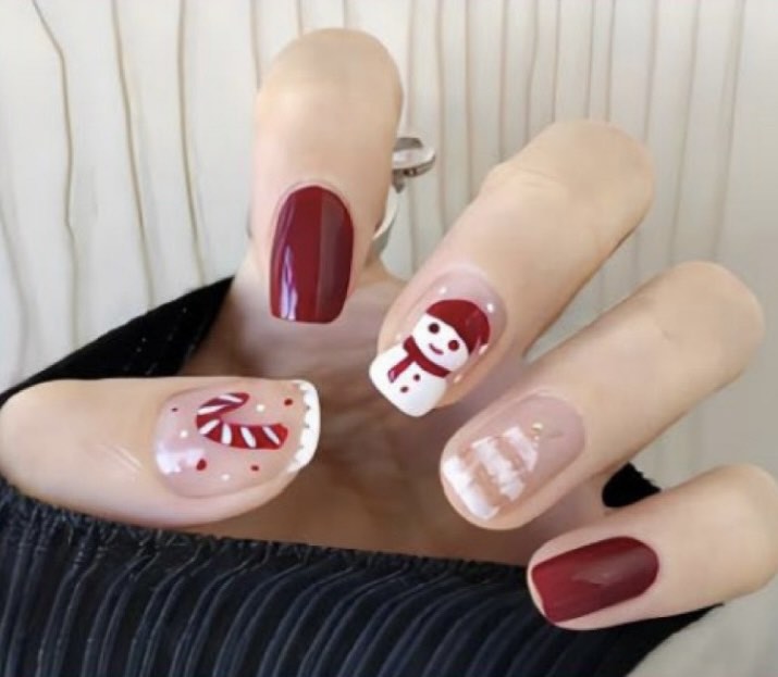 Christmas Theme - Dark Red with Snowmen & Candy Canes - Squoval.