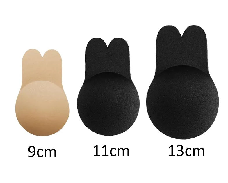 1 Pair Rabbit Ear Silicone Self Adhesive Push-up Invisible Bra. Size: L/XL - C/D Cup - 11cm/4.1". Colour: Black Material: TPU and Silicone. Will keep your breasts lifted and perky while wearing halter necks, backless dresses, evening dresses and deep plunge necklines.