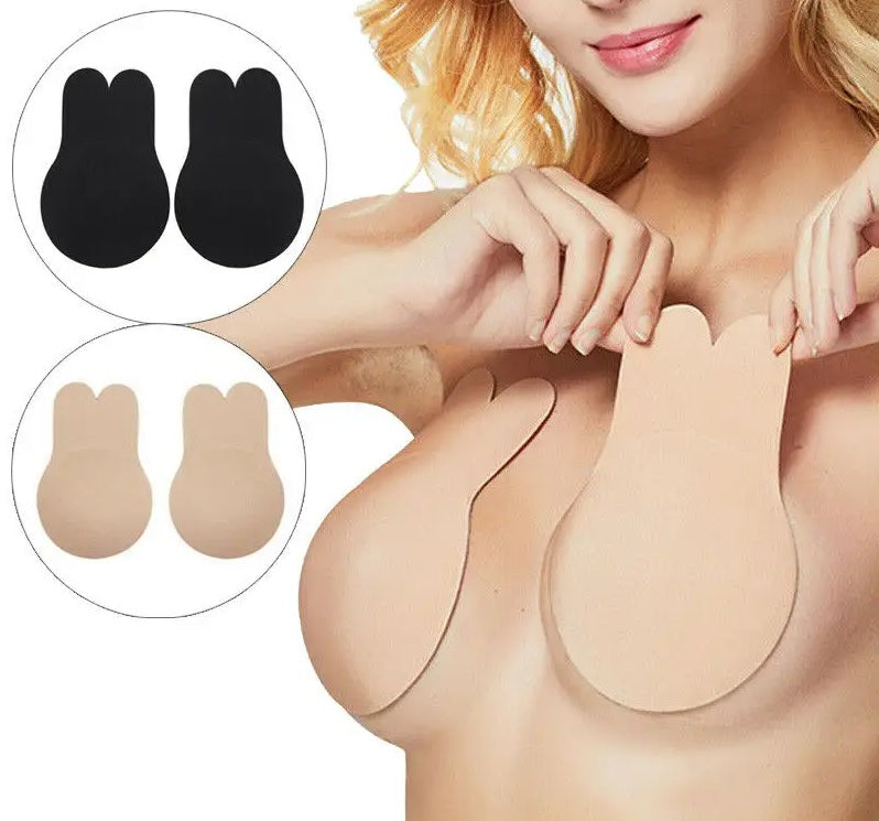 1 Pair Rabbit Ear Silicone Self Adhesive Push-up Invisible Bra. Size: XXL - DD/E Cup - 13cm/5.1". Colour: Black Material: TPU and Silicone. Will keep your breasts lifted and perky while wearing halter necks, backless dresses, evening dresses and deep plunge necklines.