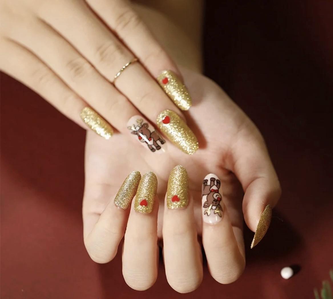 Christmas Theme - Gold Glitter & Reindeer - Coffin Press on Nails