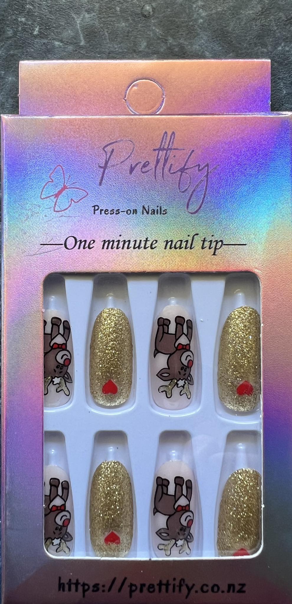 Christmas Theme - Gold Glitter & Reindeer - Coffin Press on Nails