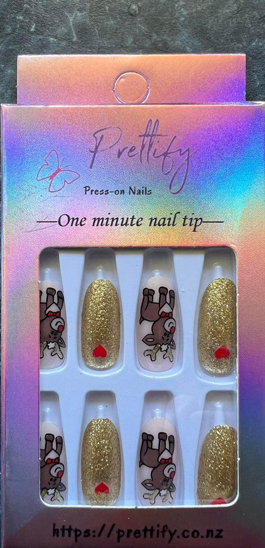 Christmas Theme - Gold Glitter & Reindeer - Coffin Press on Nails