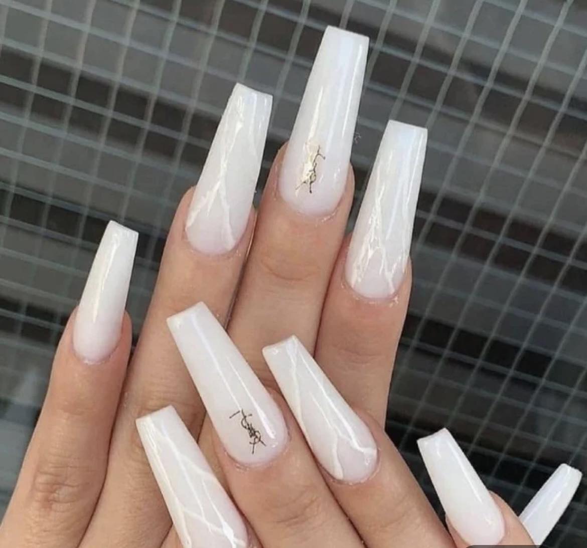 Pearl White Coffin PRess on Nails.