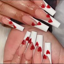 White Tips with Red Hearts - Coffin Nails.