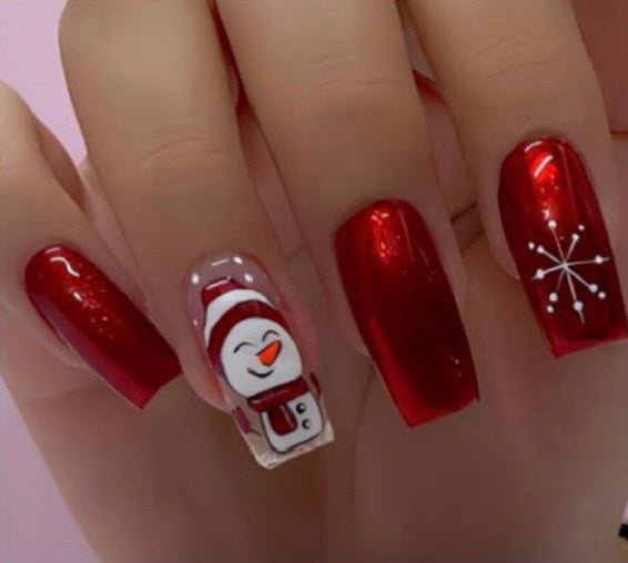 Christmas Theme - Glossy Red with Snowmen - Square Nails.