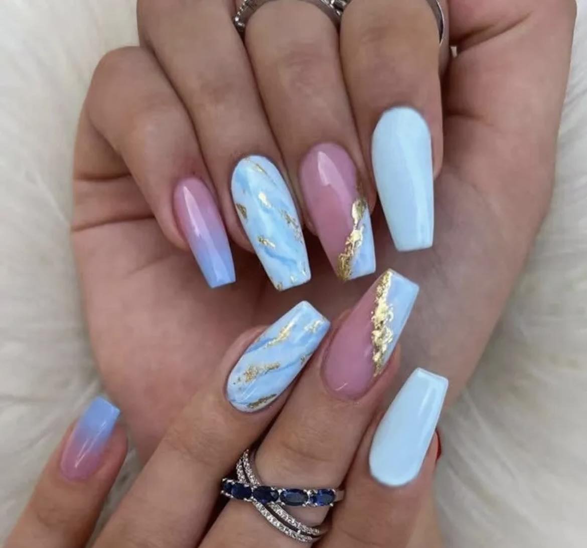 Long Coffin Press on Nails. Pink, Blue & Gold. Easy and quick to apply. Great for those special occasions, parties or add an edge to any outfit. Gorgeous, flattering and you can re-use them again and again.